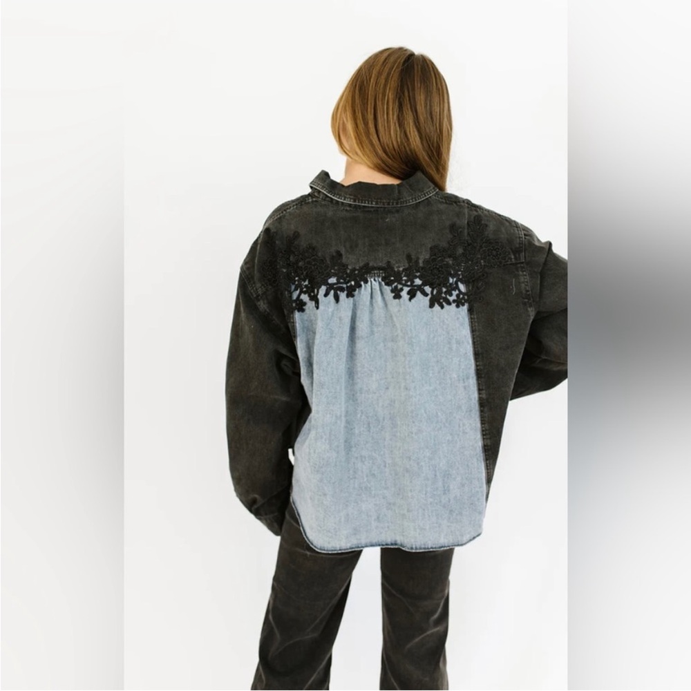 SHOP ZOCO. Silverado Black and Blue Denim Jacket with Floral Detail NWT - Picture 6 of 16